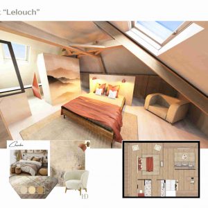 Agencement d'une chambre parentale moderne pour créer une atmosphère cocooning avec des tons beiges, marrons et orangés.