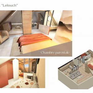 Rendu 3D d'un projet d'agencement de chambre parentale moderne avec un espace cinéma