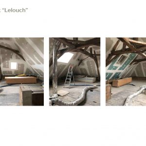 Photo montage de 3 images de travaux dans une future chambre parentale moderne avec un espace cinéma